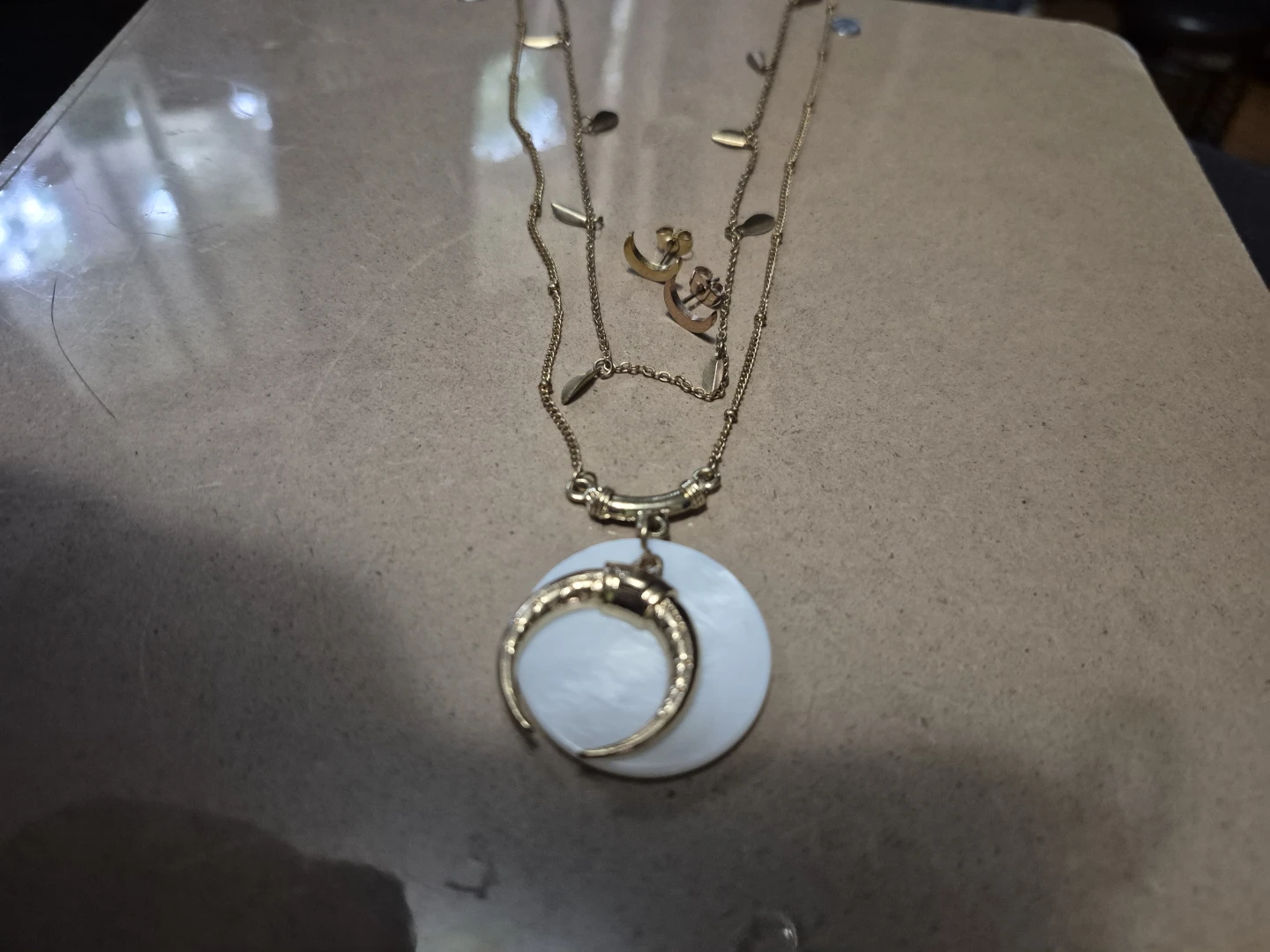 Layered Necklace with Crescent Moon Pendant and Earrings
