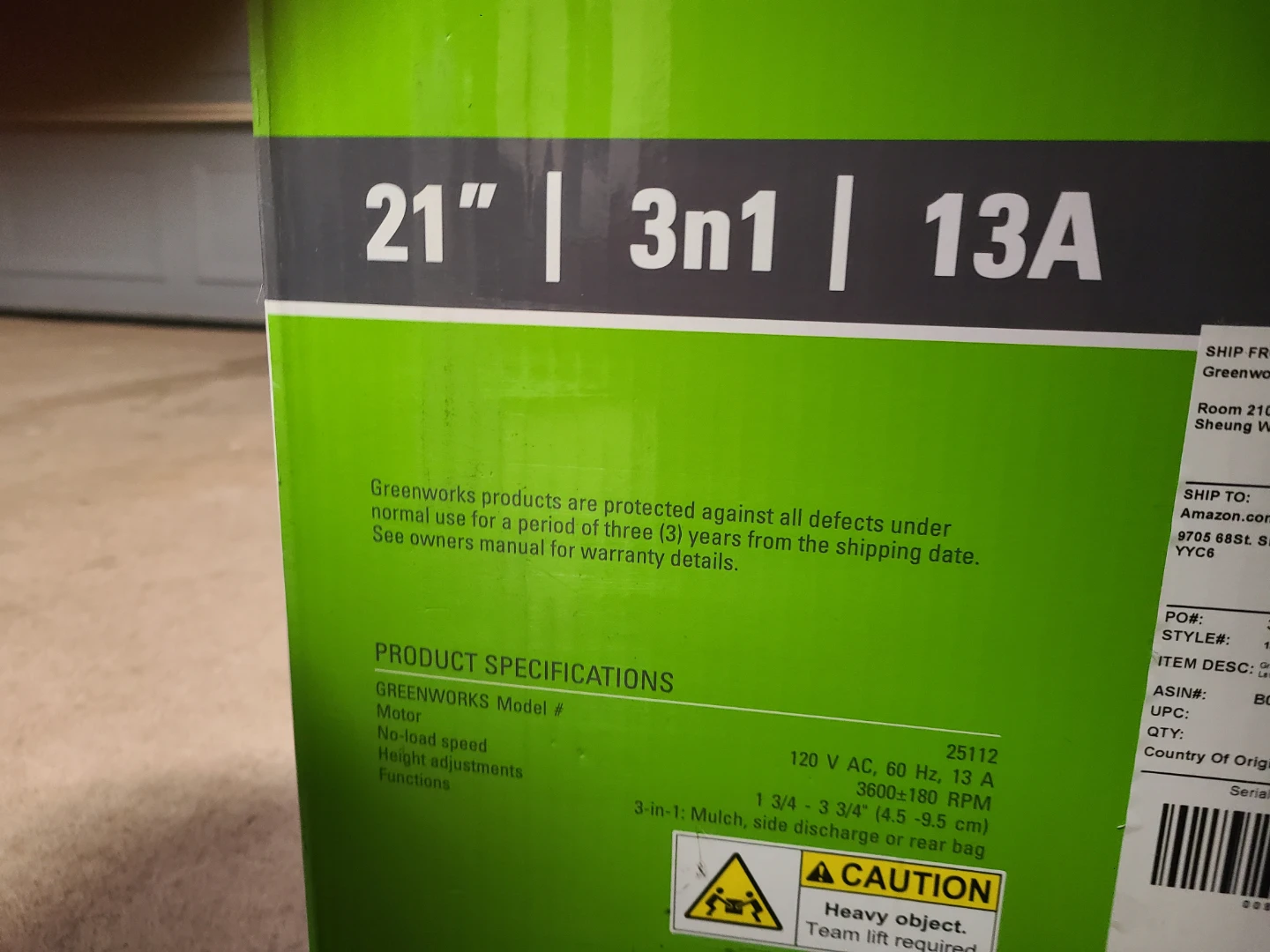 New in box Greenworks 21-Inch 13 Amp Corded Lawn Mower - photo 4