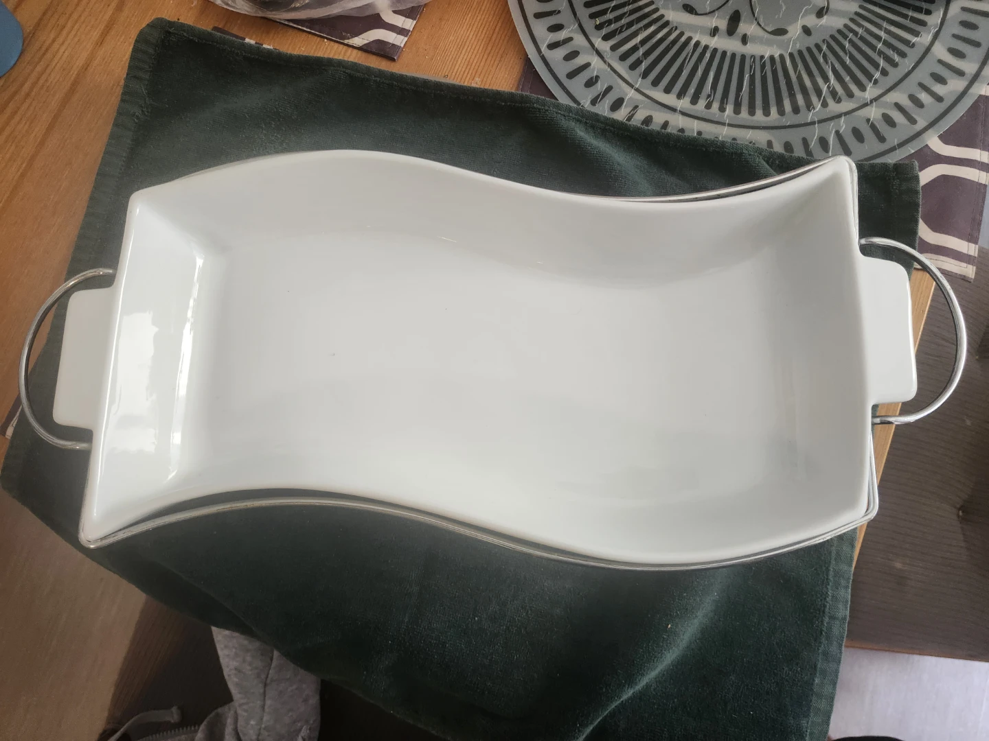 White Porcelain Serving Dish with Metal Stand