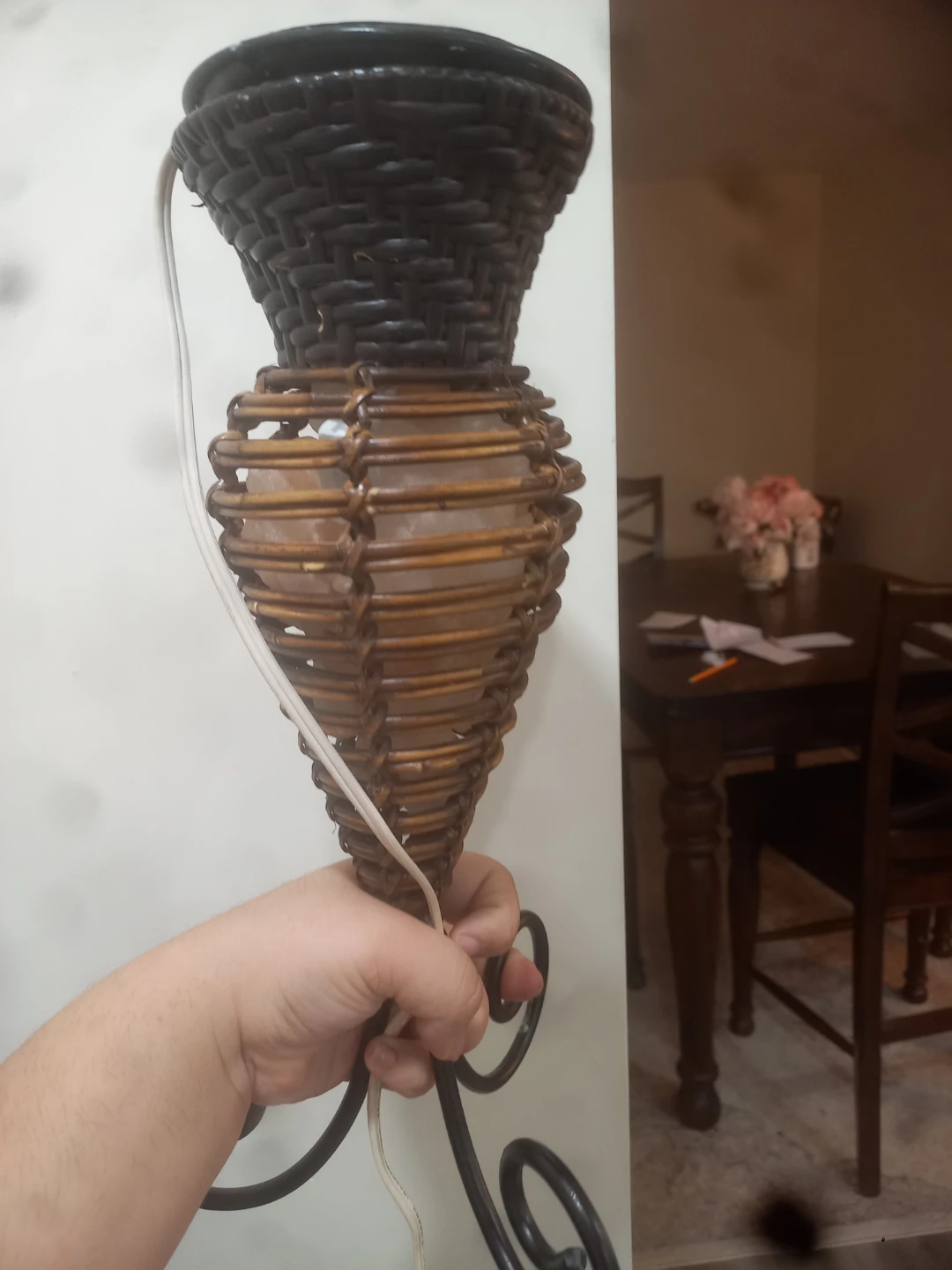 Woven Rattan and Metal Salt Lamp