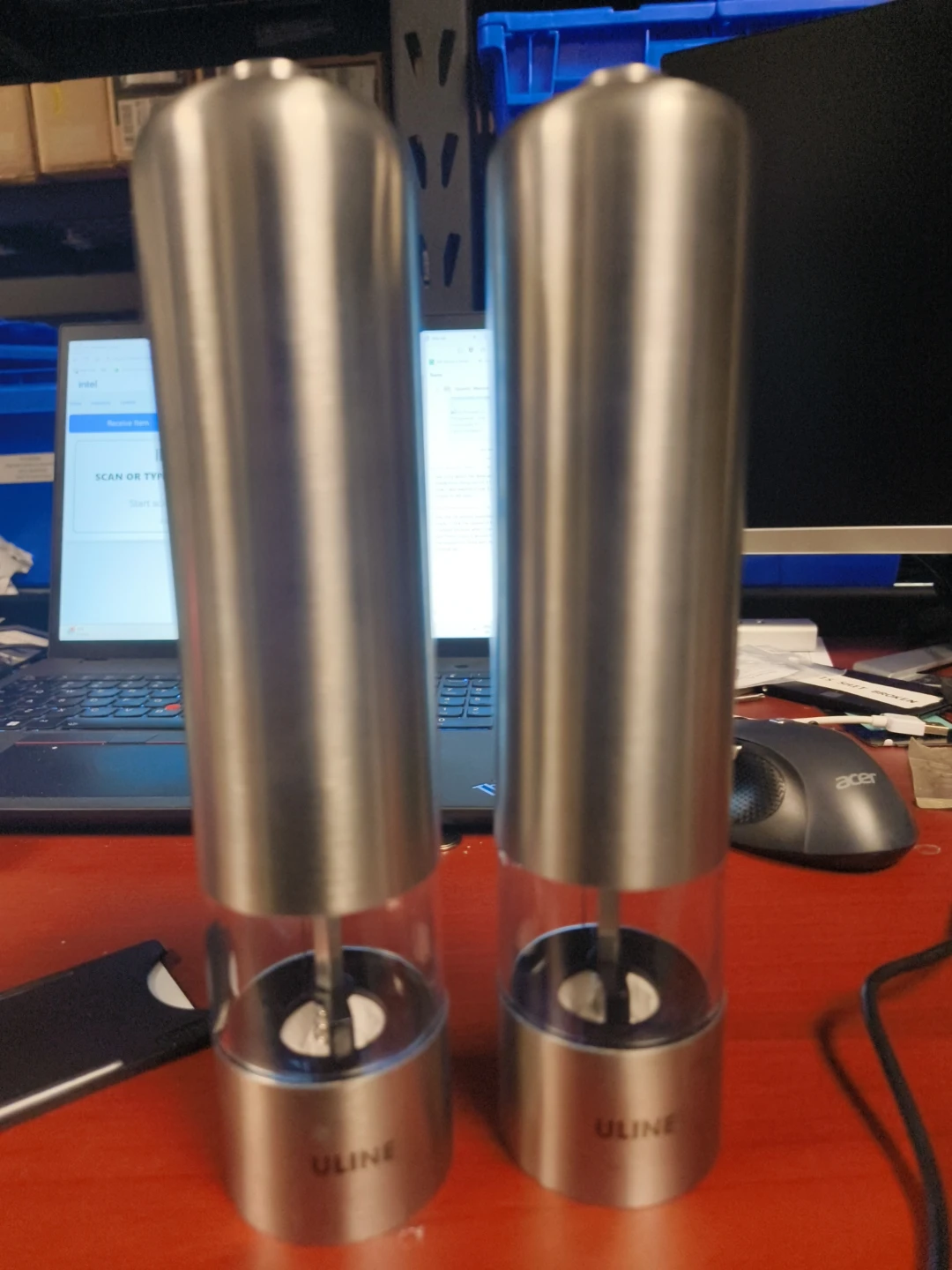 Two Uline Electric Salt and Pepper Grinders
