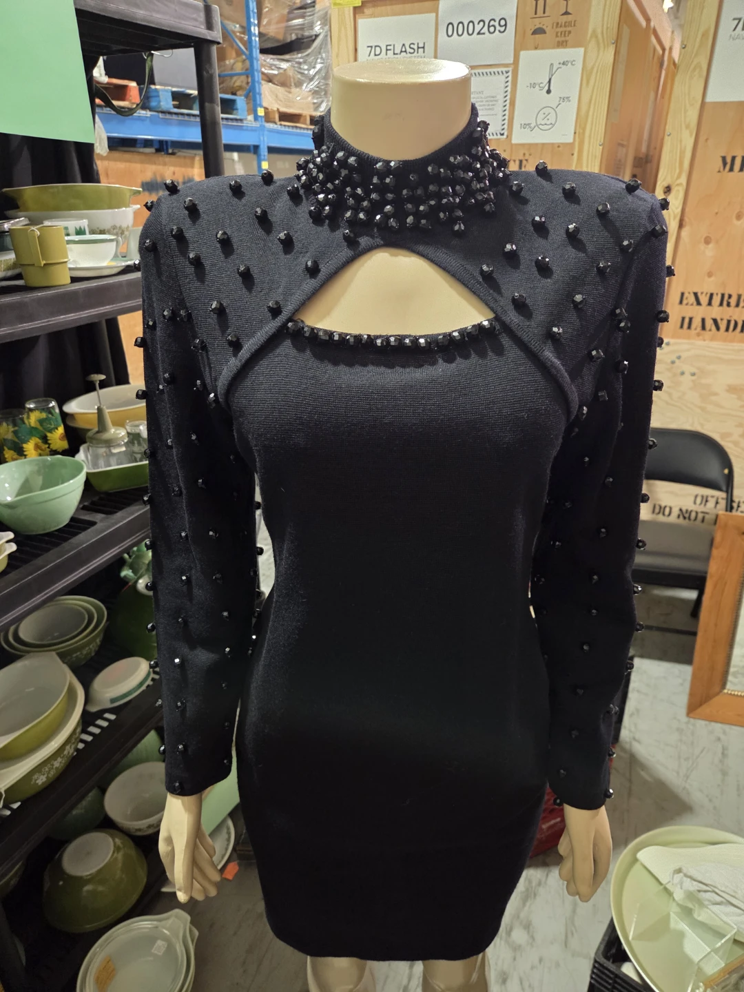 Black Beaded Dress with Cut-out Neckline