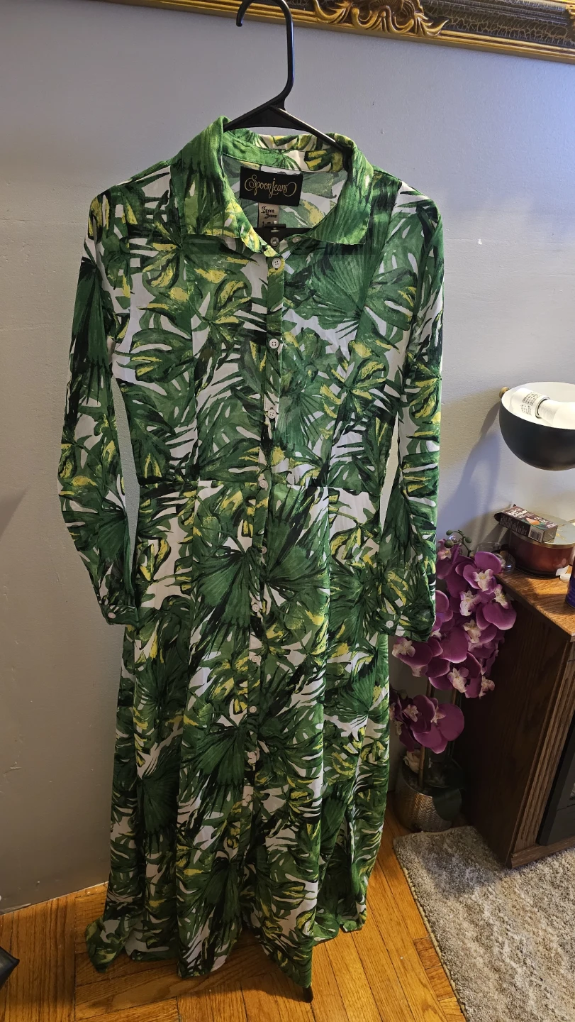 Spoon Jeans Green Tropical Leaf Print Shirt Dress - photo 3