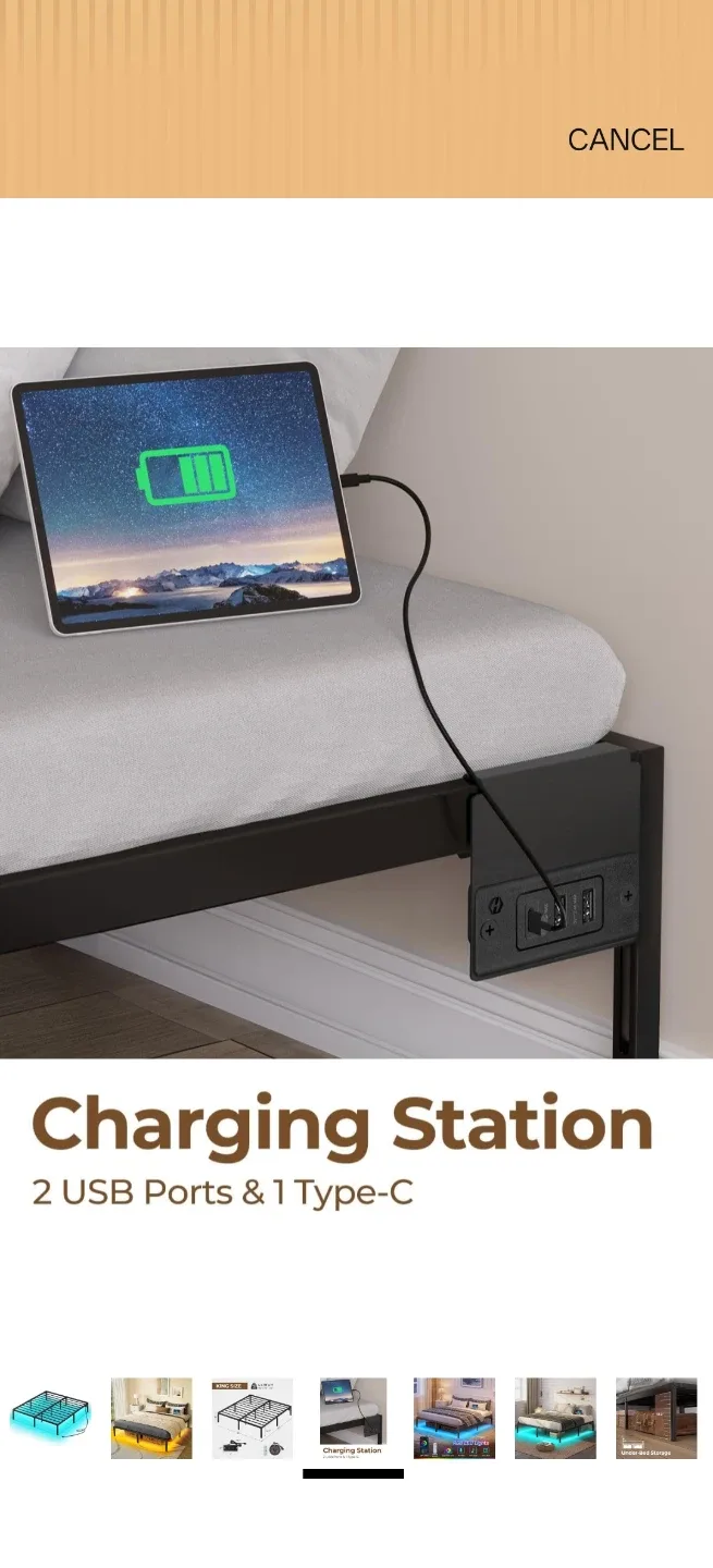 King Size Metal Bed Frame with LED Lights and Charging Station - photo 4
