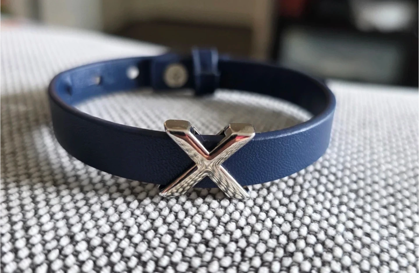 Blue Leather Bracelet with Silver 'X' Accent