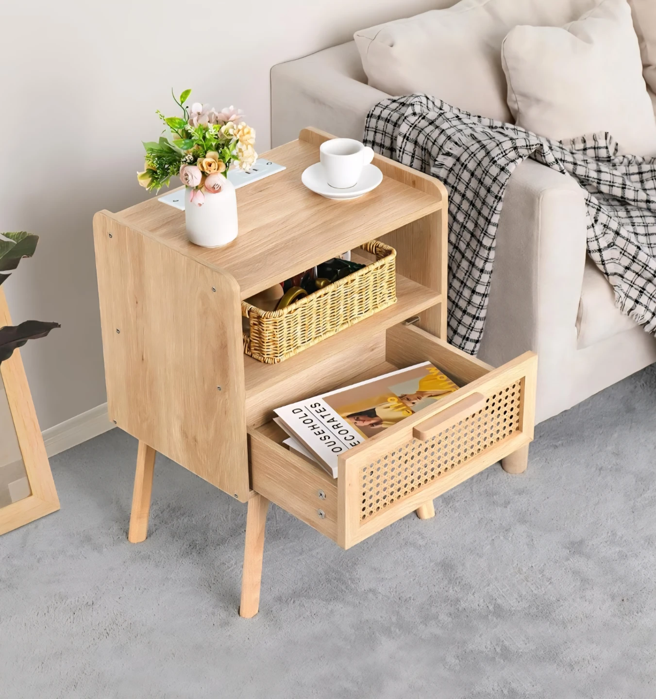 Rattan bedside table with charging station - photo 2