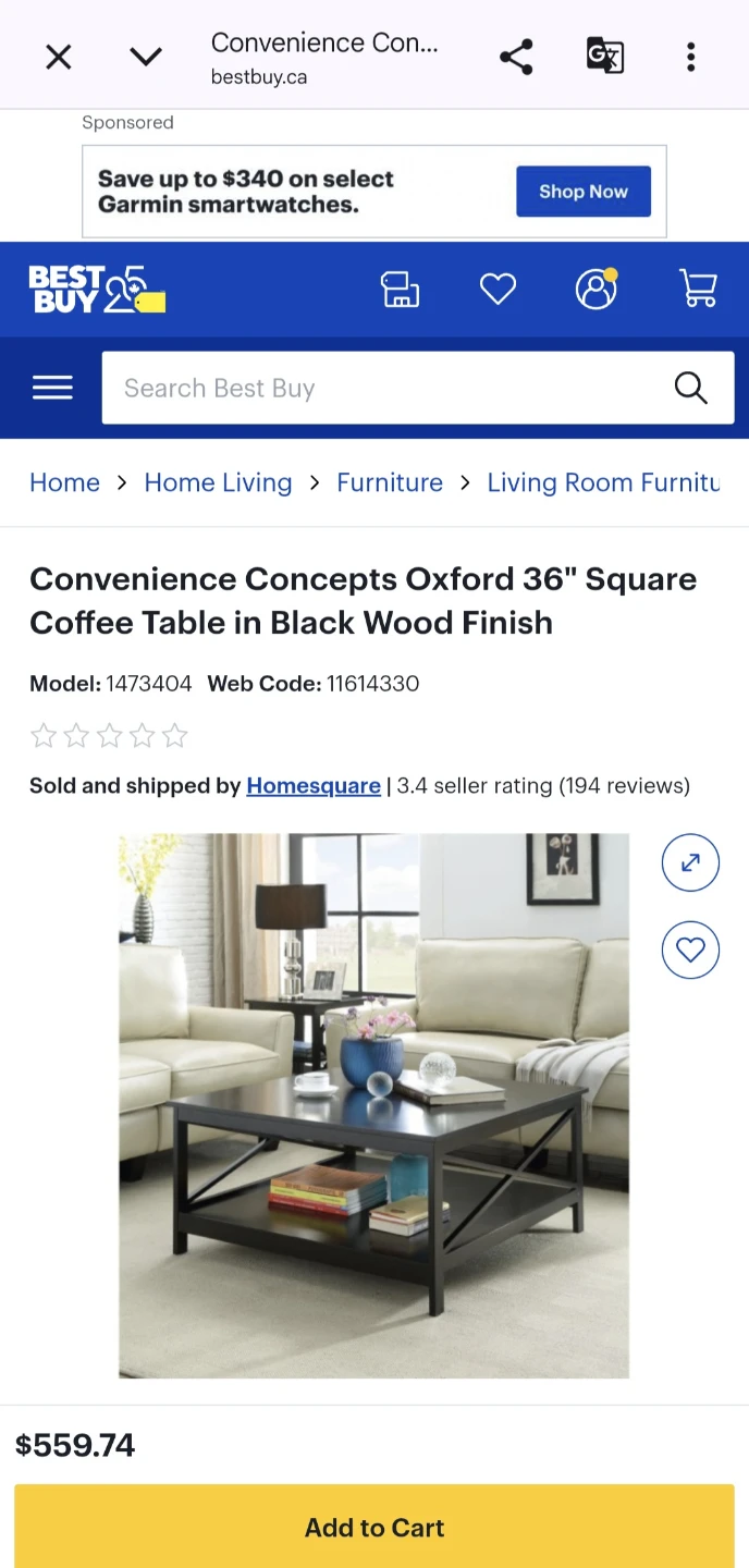 Convenience Concepts Oxford 36" Square Coffee Table