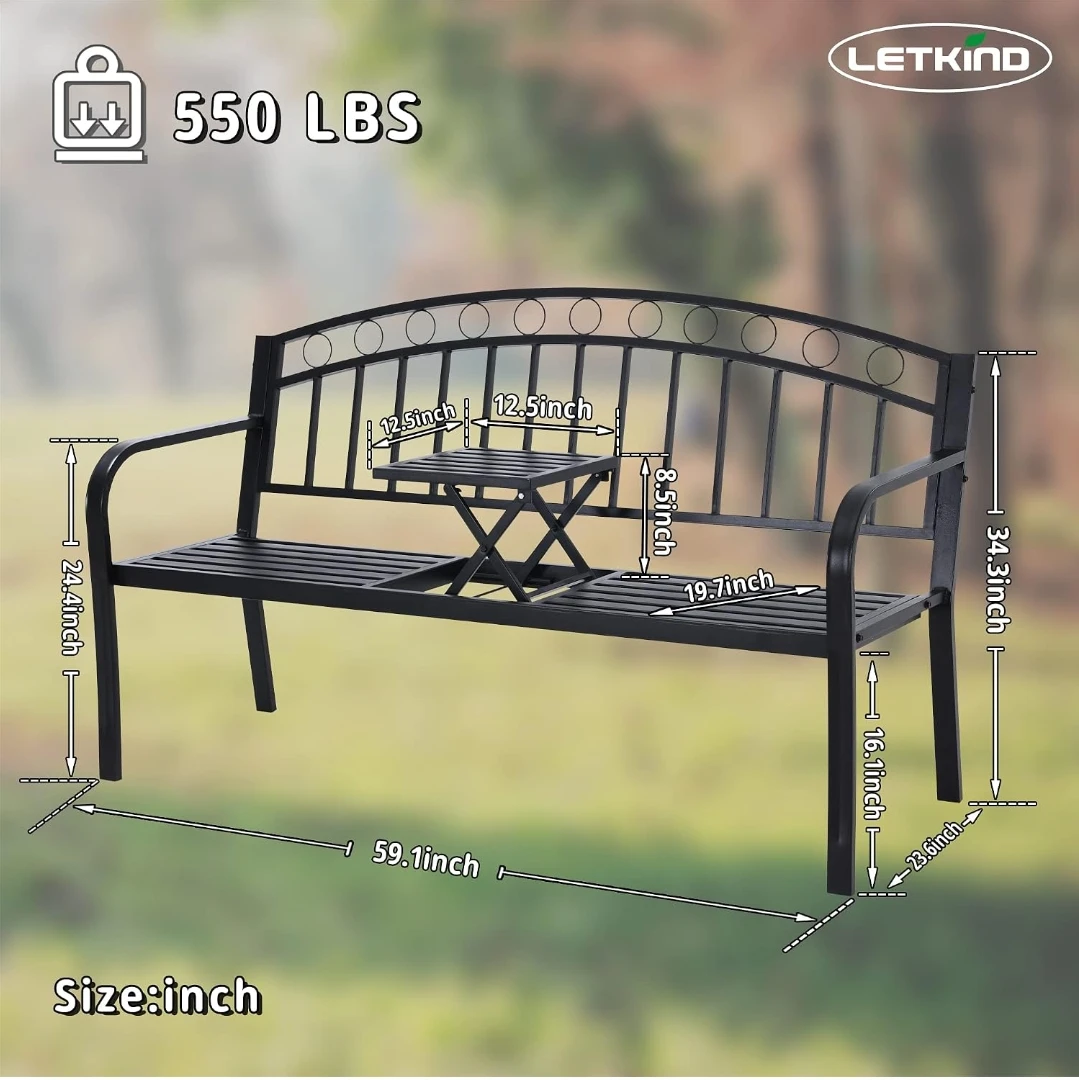 LETKIND Metal Garden Bench with Built-in Table