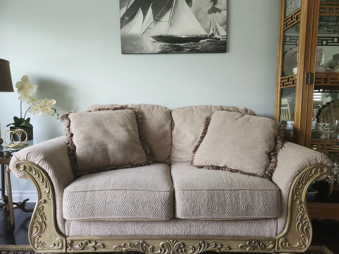 2 Beige Traditional Sofa with Ornate Wood Trim - photo 2