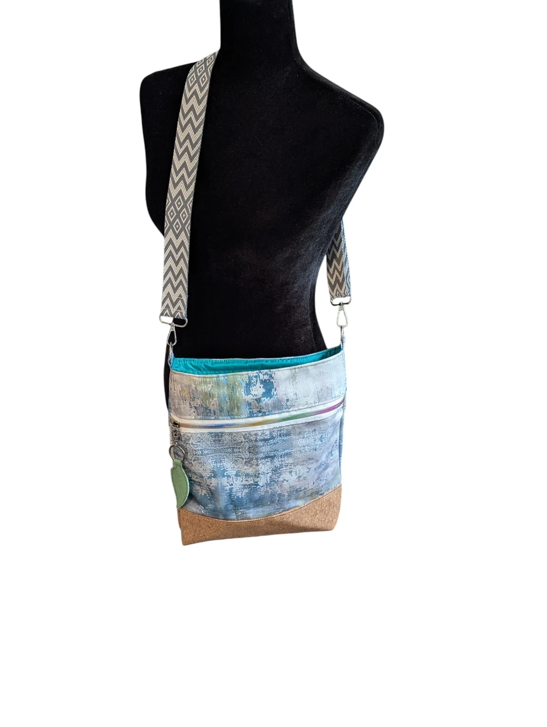 Blue Patterned Crossbody Bag with Cork Base