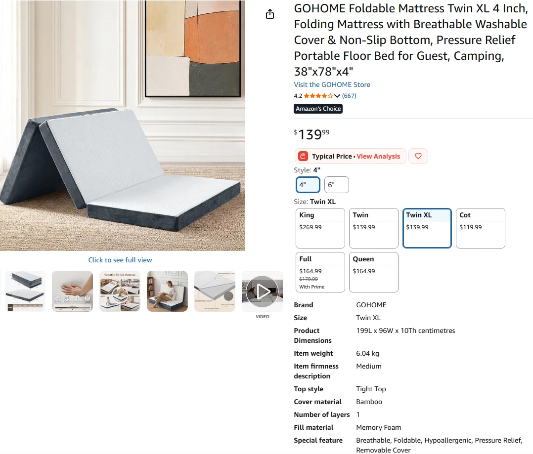 GOHOME Twin XL Foldable Memory Foam Mattress - photo 2