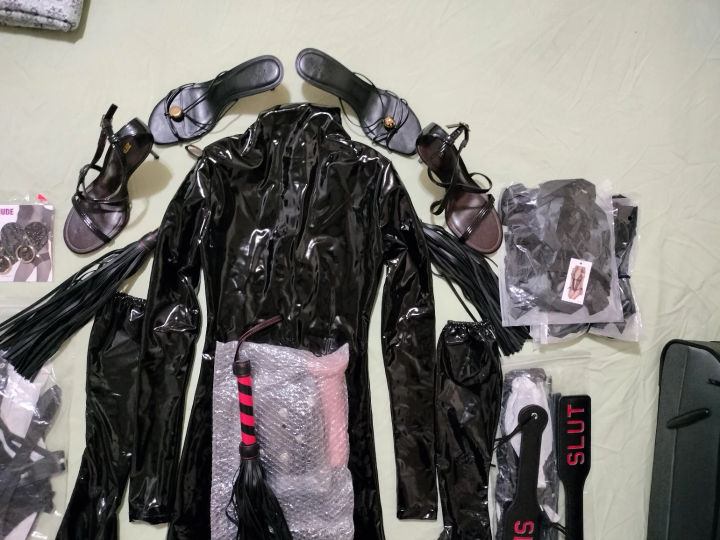 Black Vinyl sexual Costume with sex toys & Accessories Set - photo 2