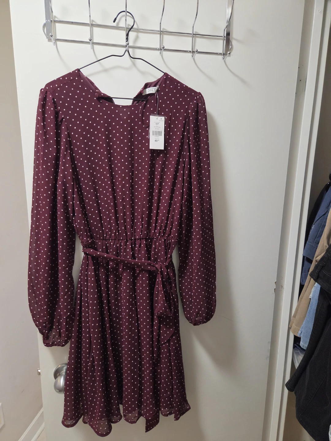 Suzy Shier Burgendy Polka Dot Dress