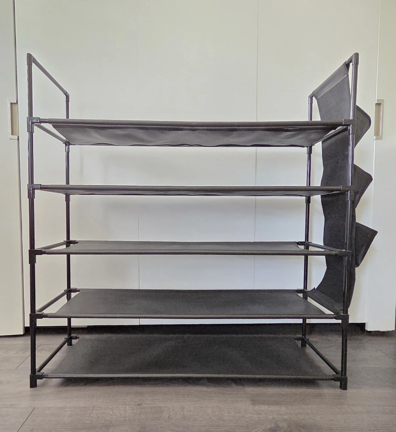 Black 4-Tier Shoe Rack with Side Pockets