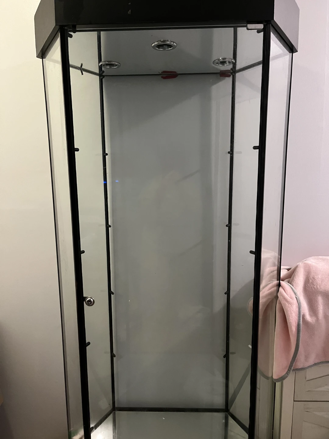 Tall Black Glass Display Case with Integrated Lighting