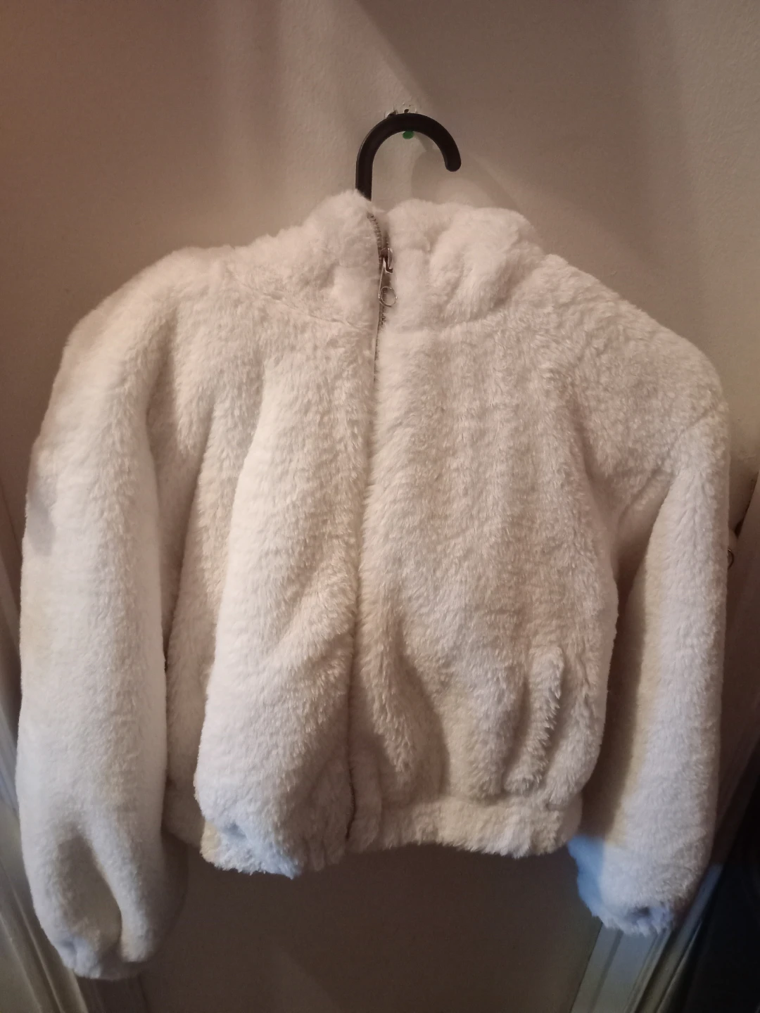 Bershka White Faux Fur Zip-Up Hoodie - 10-12