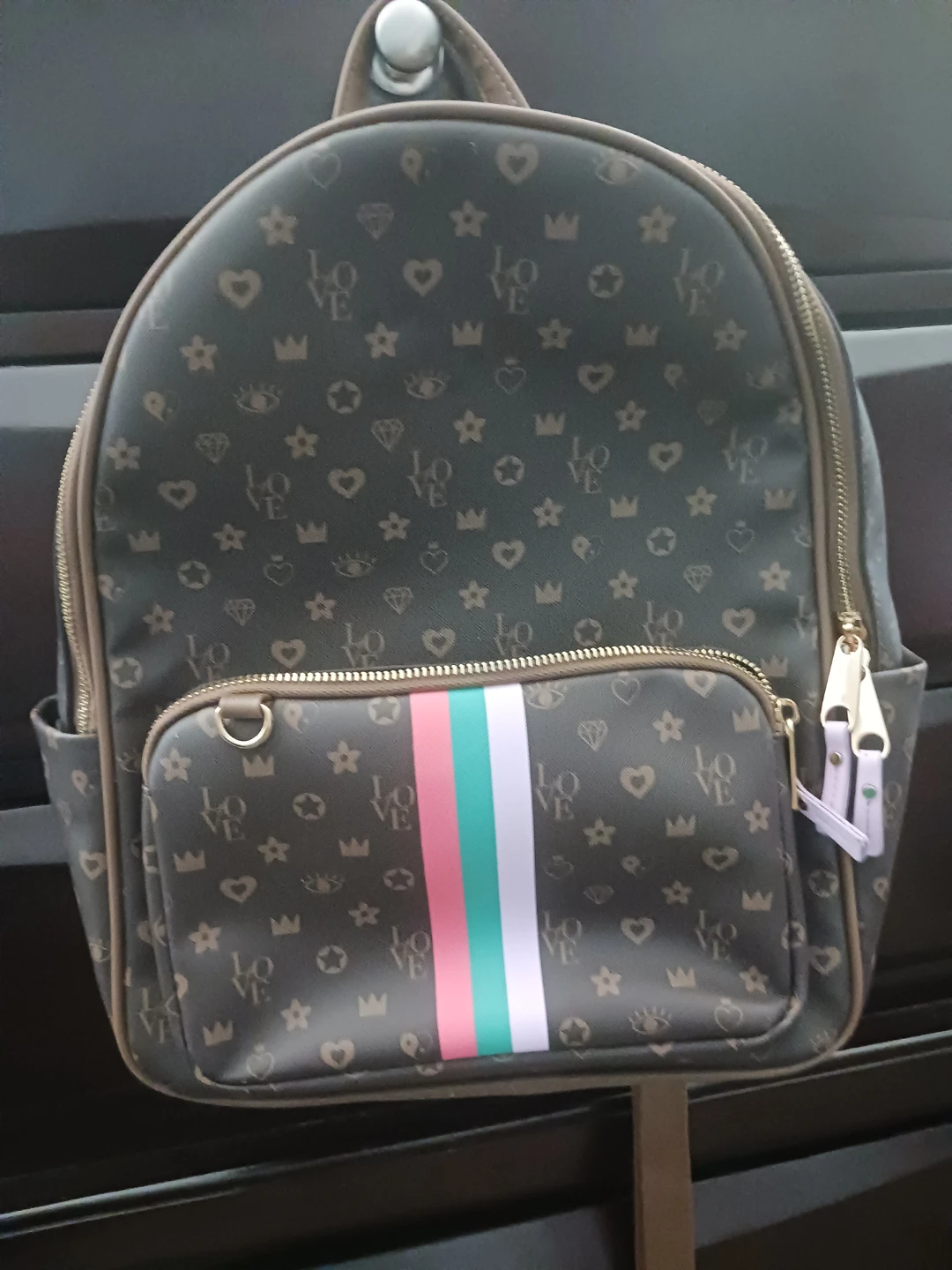 Brown Patterned Backpack with Stripe Detail