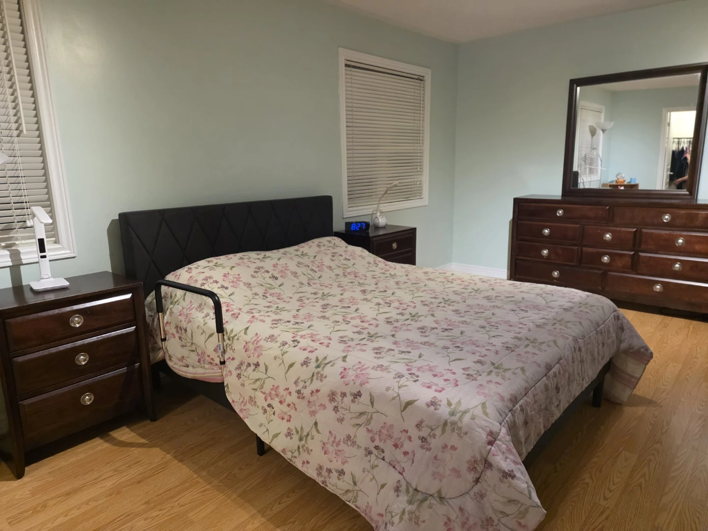 300 Black upholstered bed frame with side assist rail