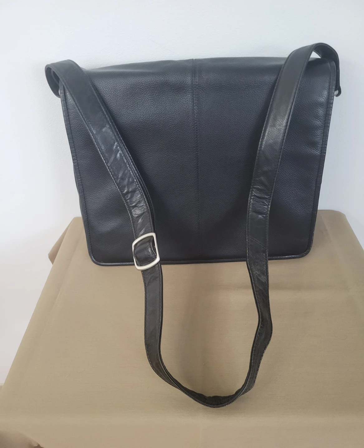 Black genuine leather messenger bag