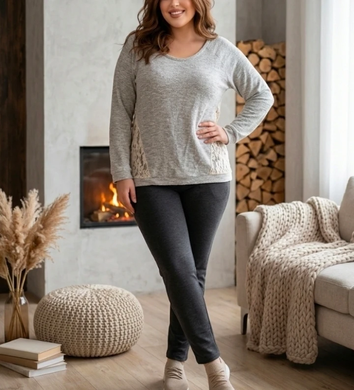 Grey Long Sleeve Lace Detail Top
