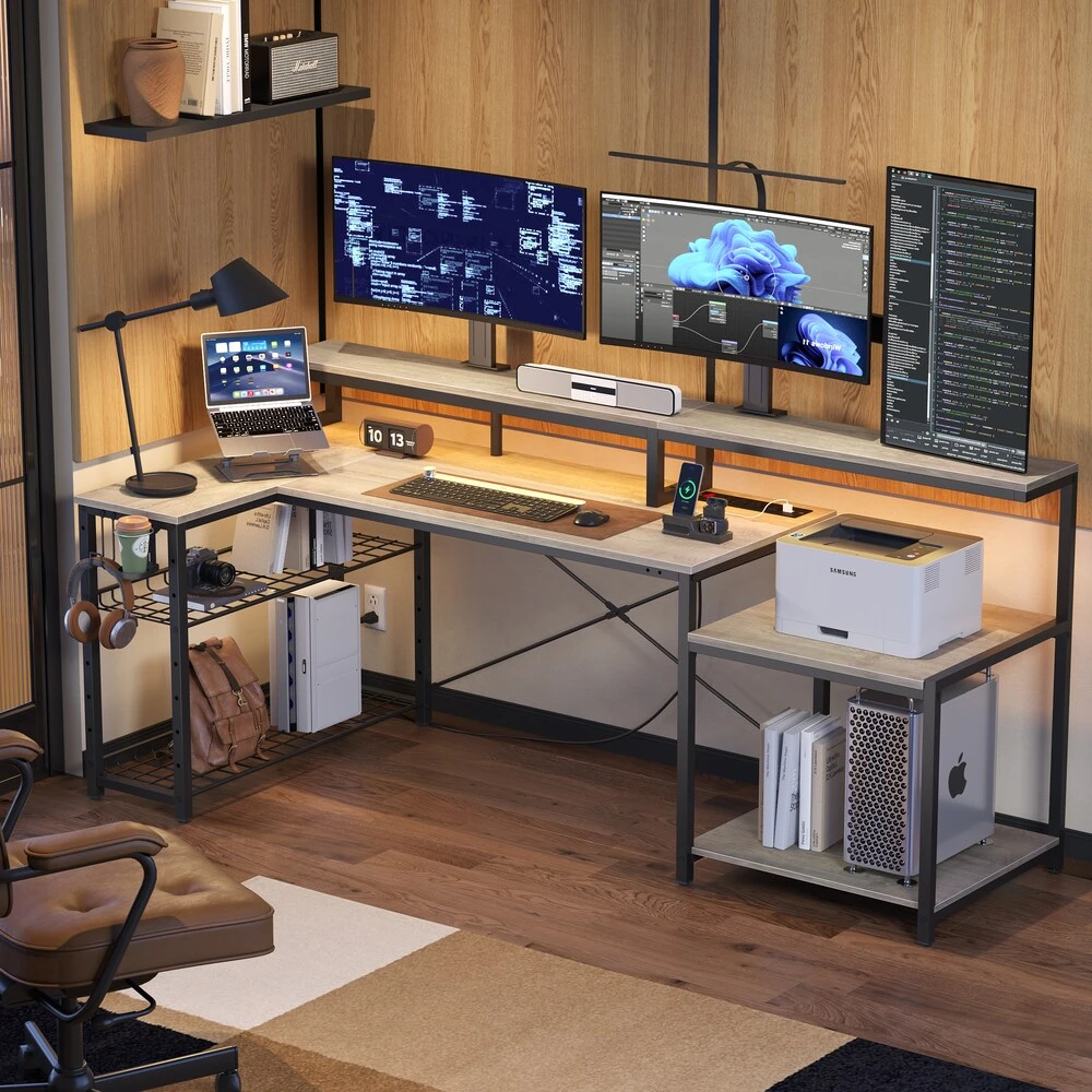 🏈L-Shaped Gaming Desk with LED Lights and Power Outlet🏈 - photo 4