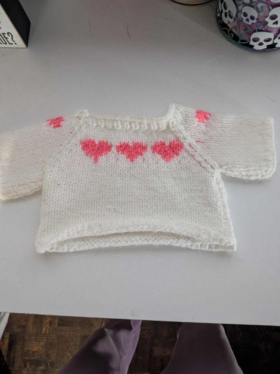 Hand-knitted White and Pink Heart Sweater - photo 2