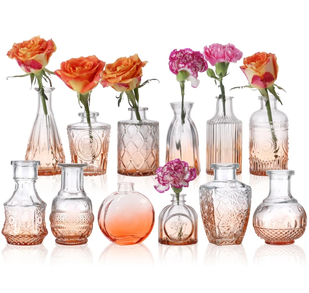 Set of 12 Orange Glass Bud Vases