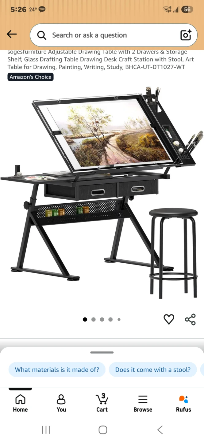 Adjustable Glass Drafting Table / Art Desk with Stool