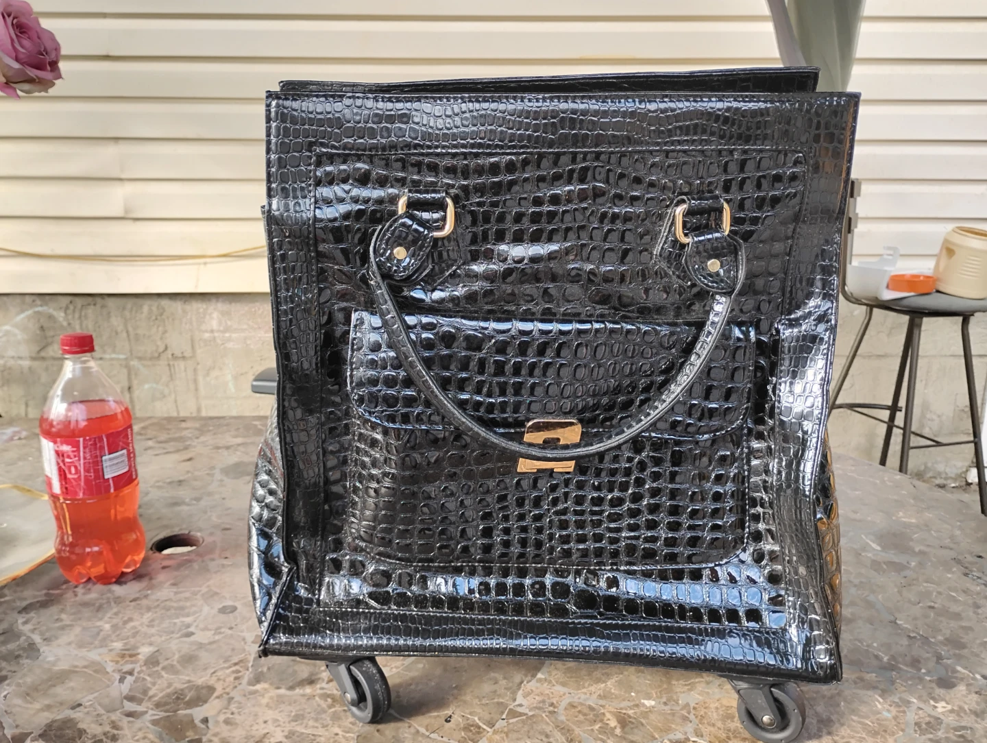 Black Croc-Embossed Rolling Tote Bag - photo 5