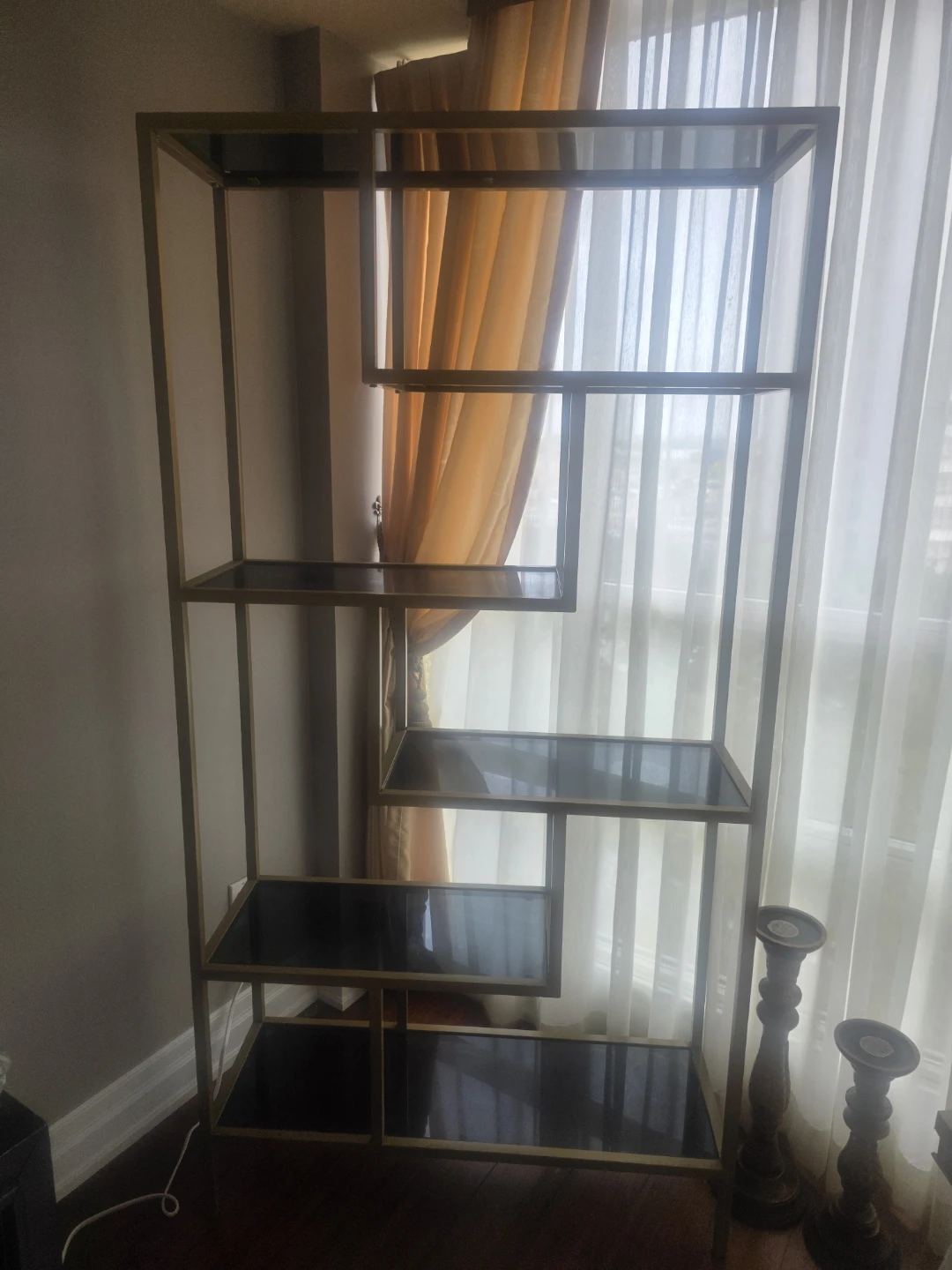 Gold and Glass Asymmetrical Shelving Unit