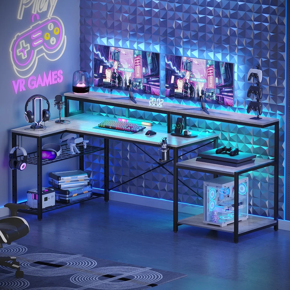 L-Shaped Gaming Desk with LED Lights and Power Outlets - photo 4