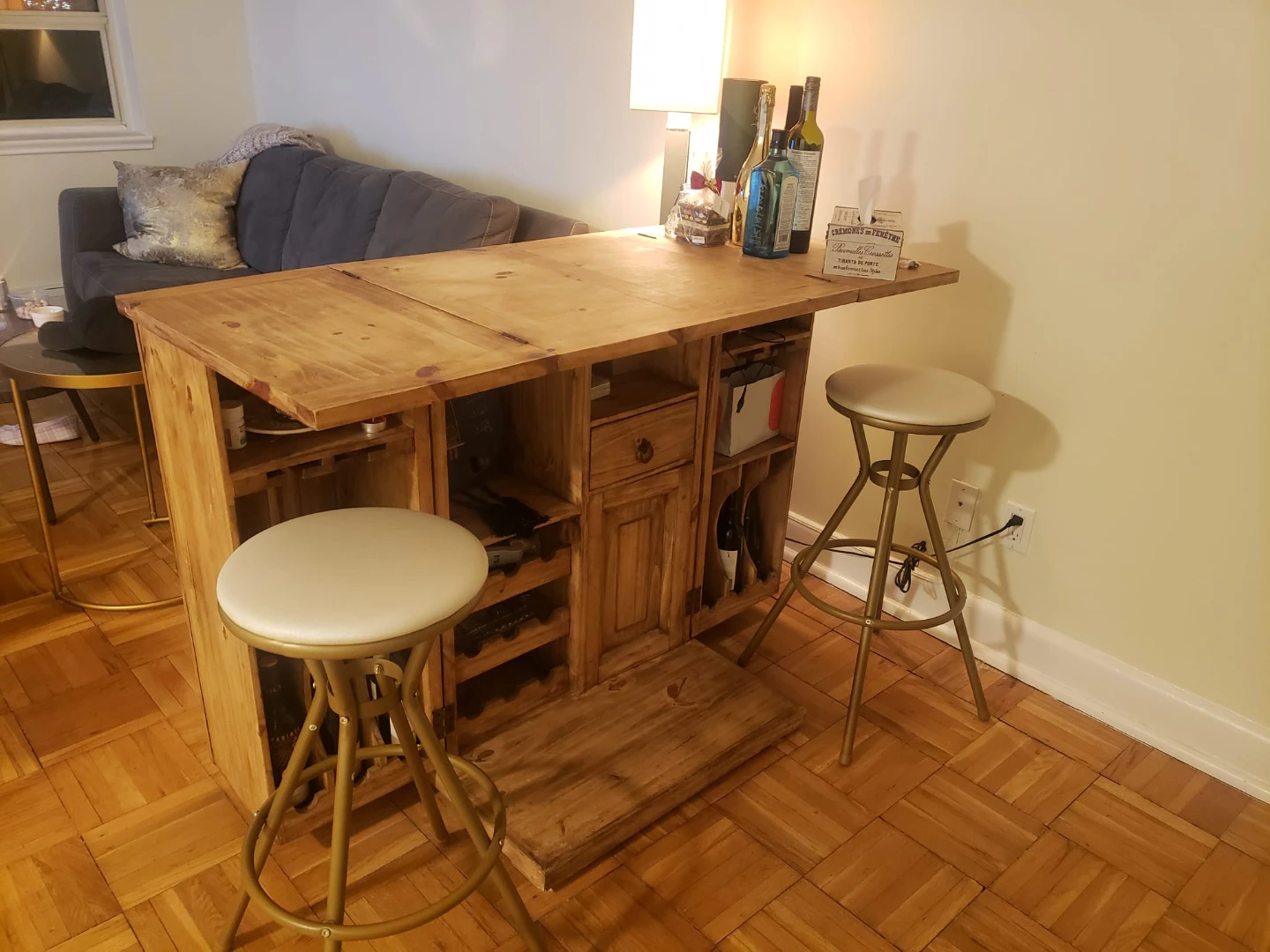 Rustic Wood Bar Cabinet with Two Stools