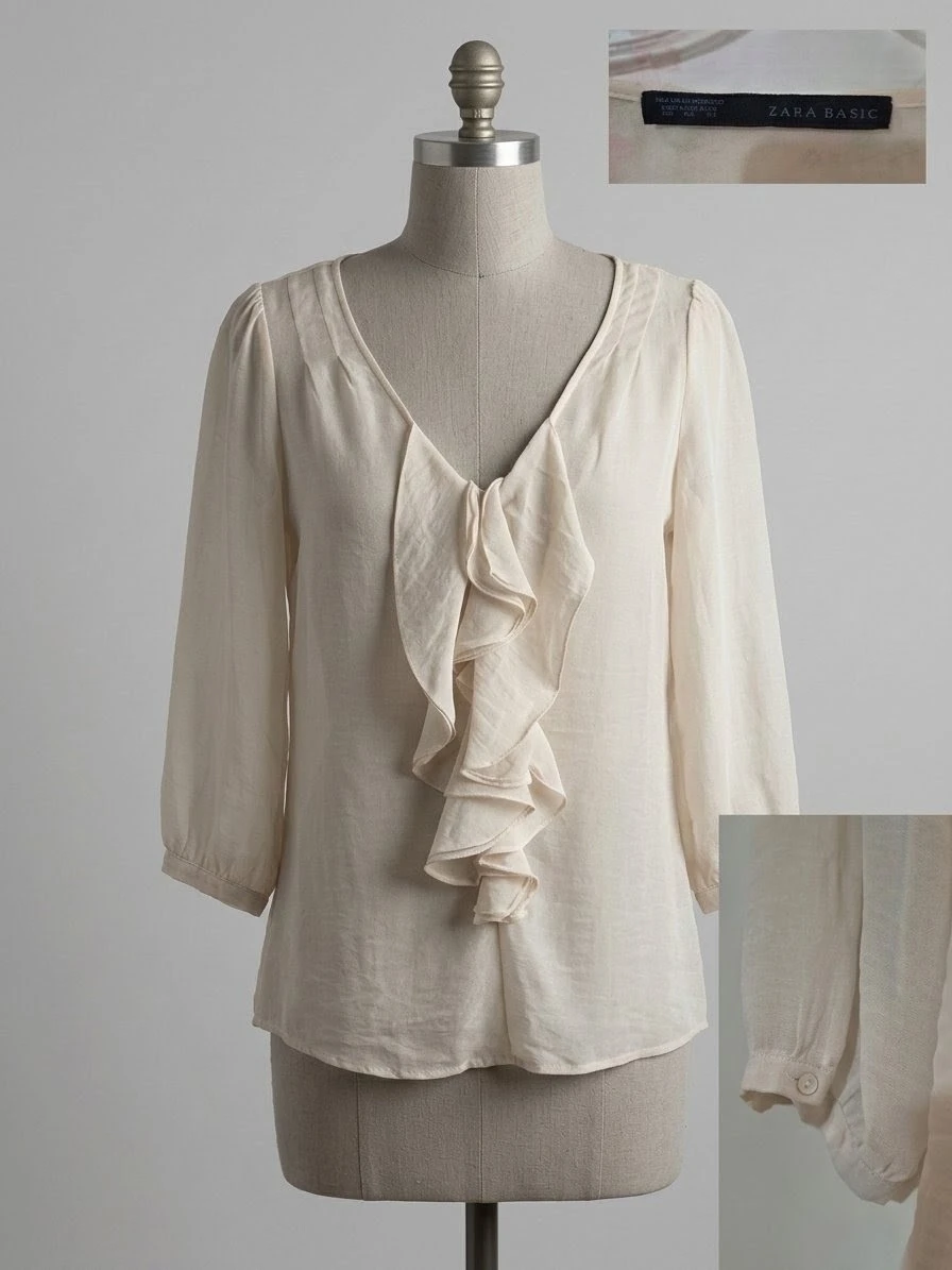 Zara Basic Cream Ruffled Blouse