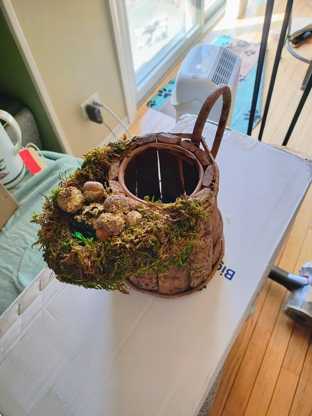 Vintage Rustic Bark Pitcher Planter with Woodland Moss & Acorns - photo 2
