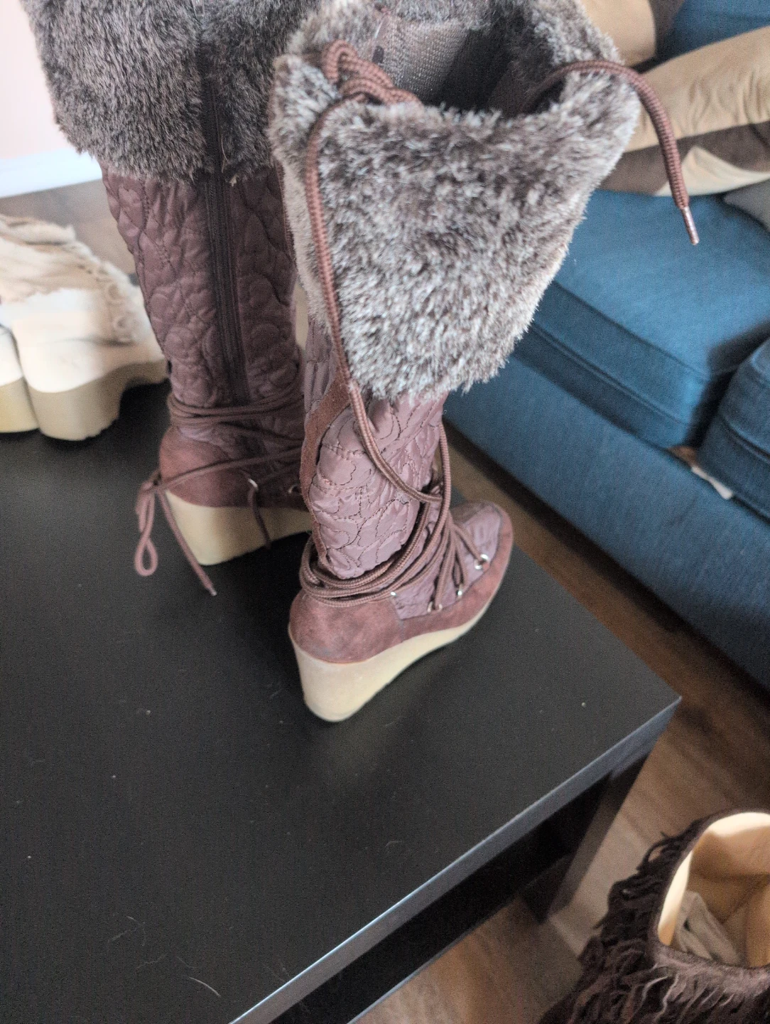 Women's Brown Faux Fur Trimmed Quilted Boots