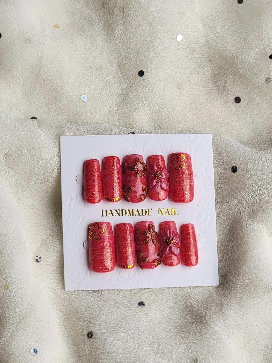 Handmade Press-On Nails - Bright Pink and touch of redFloral Set - photo 2