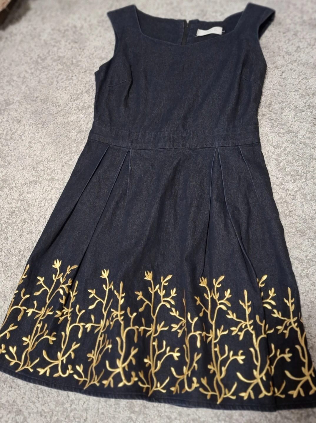 Denim Dress with Gold Floral Embroidery - photo 3