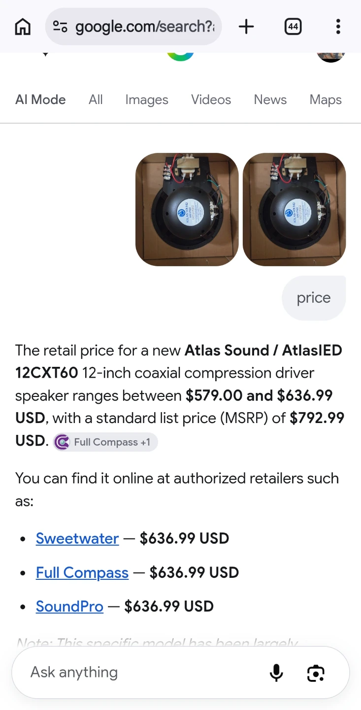 2x Atlas Sound 12CXT60 12-inch Coaxial Compression Driver - photo 5