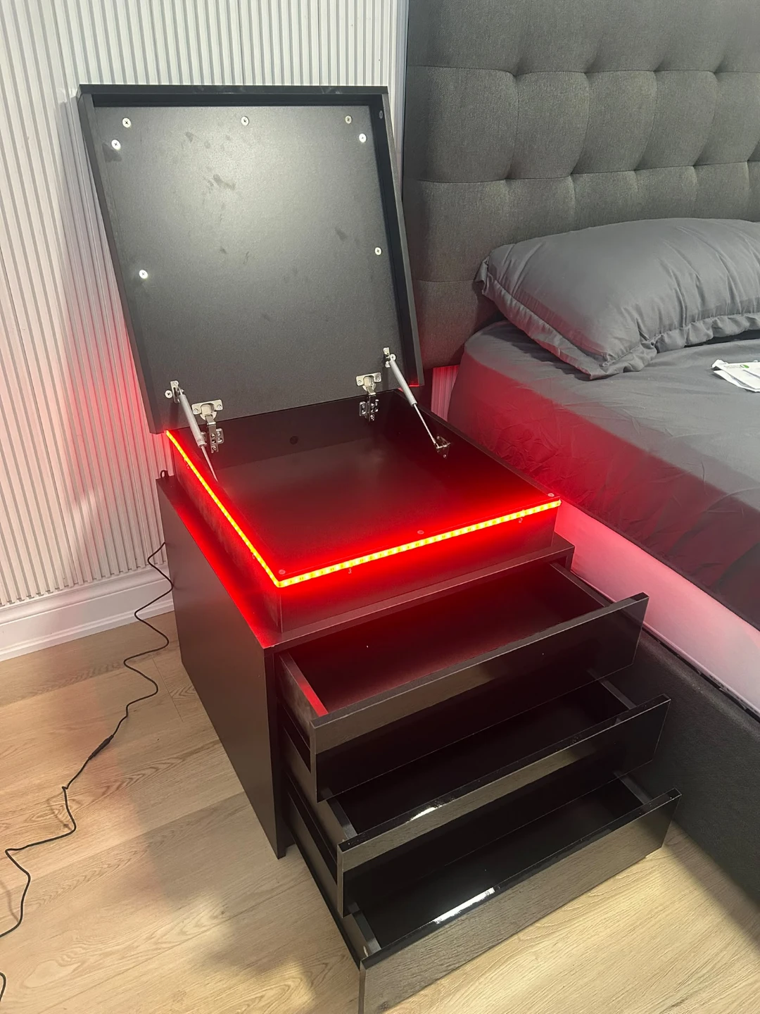 Black LED Bedside Nightstand with Storage