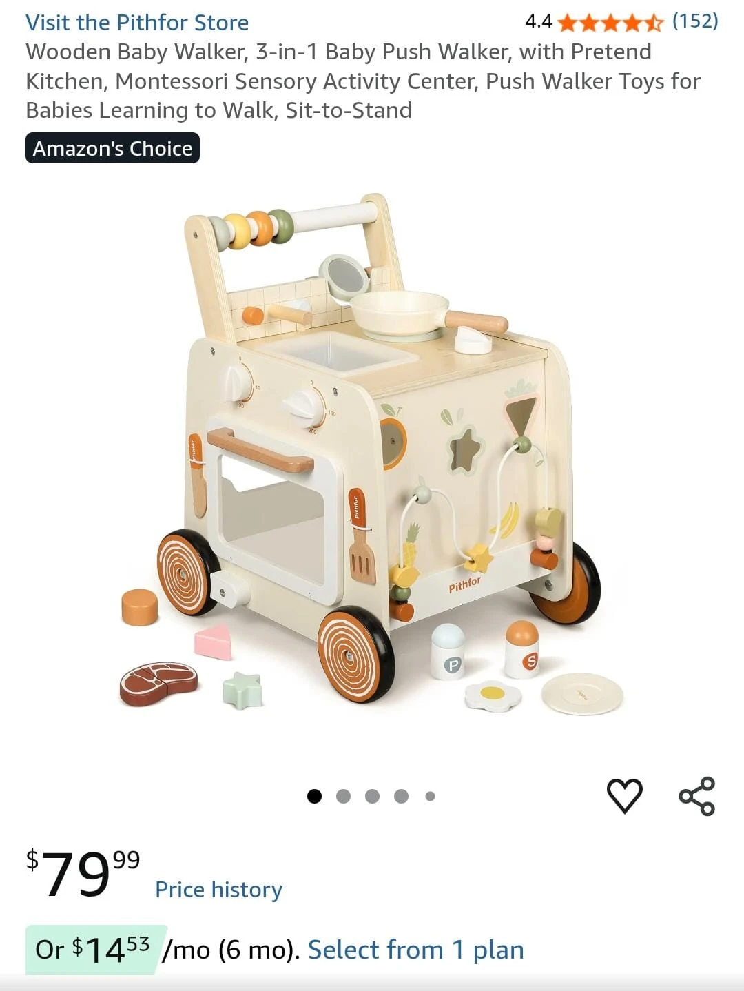 Pithfor 3-in-1 Wooden Baby Walker and Activity Center