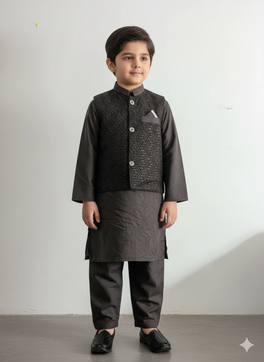 Boys' Grey Kurta Set with Embellished Waistcoat - photo 2