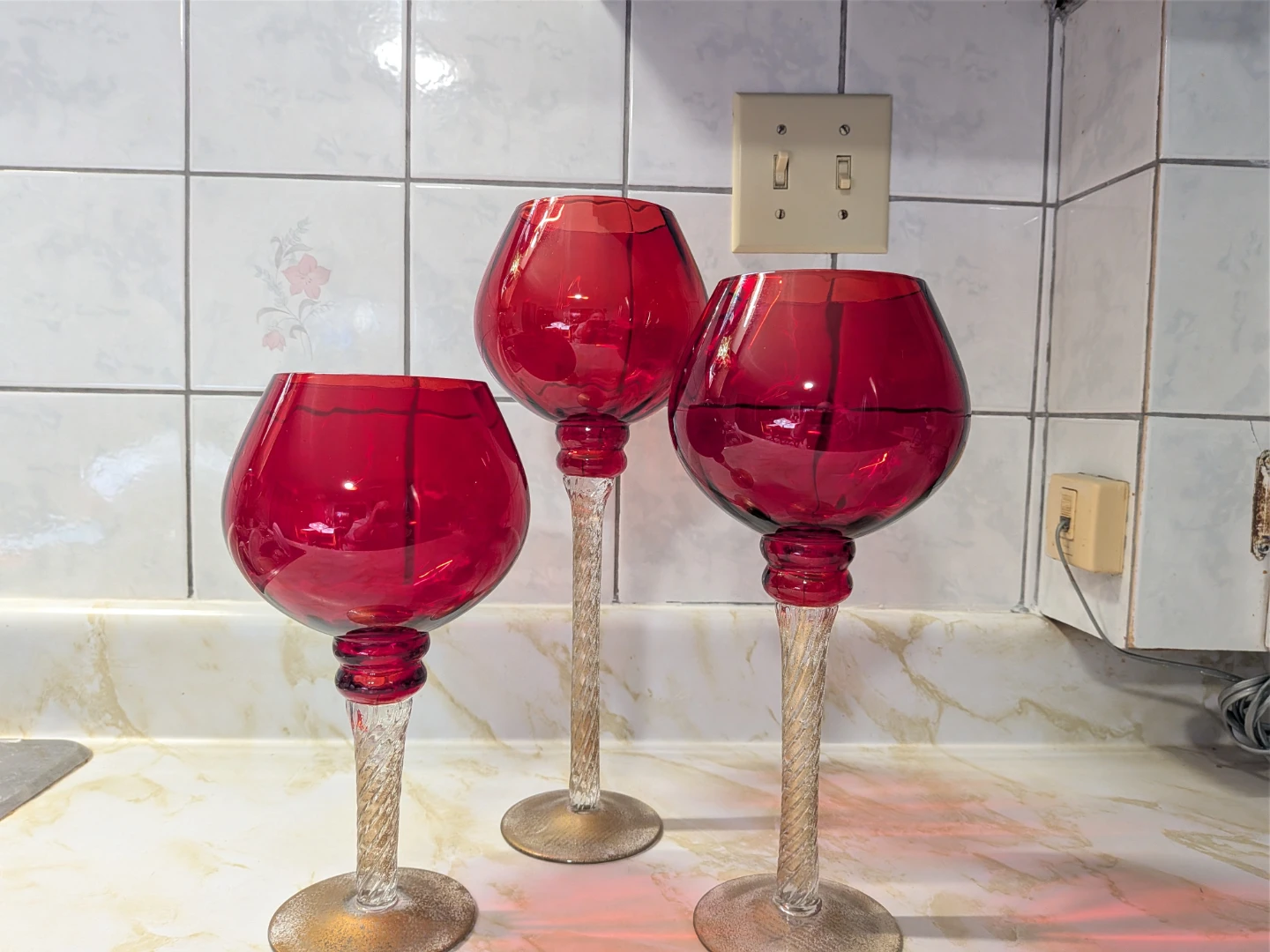 Set of 3 Red Glass Hurricane Candle Holders