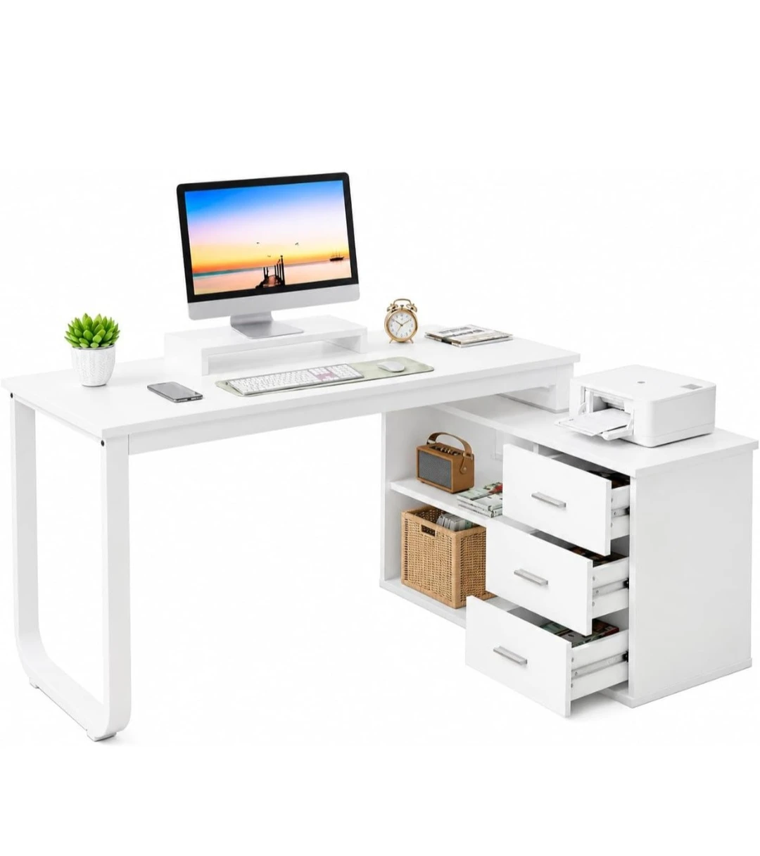 Maverickfurni L-Shaped White Desk with Drawers