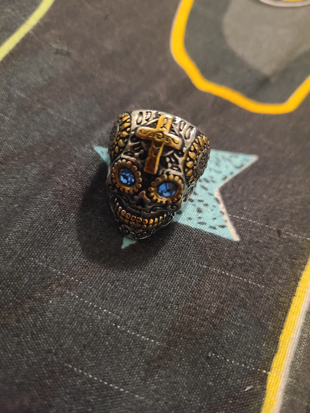 Sugar Skull Ring with Blue Gemstones