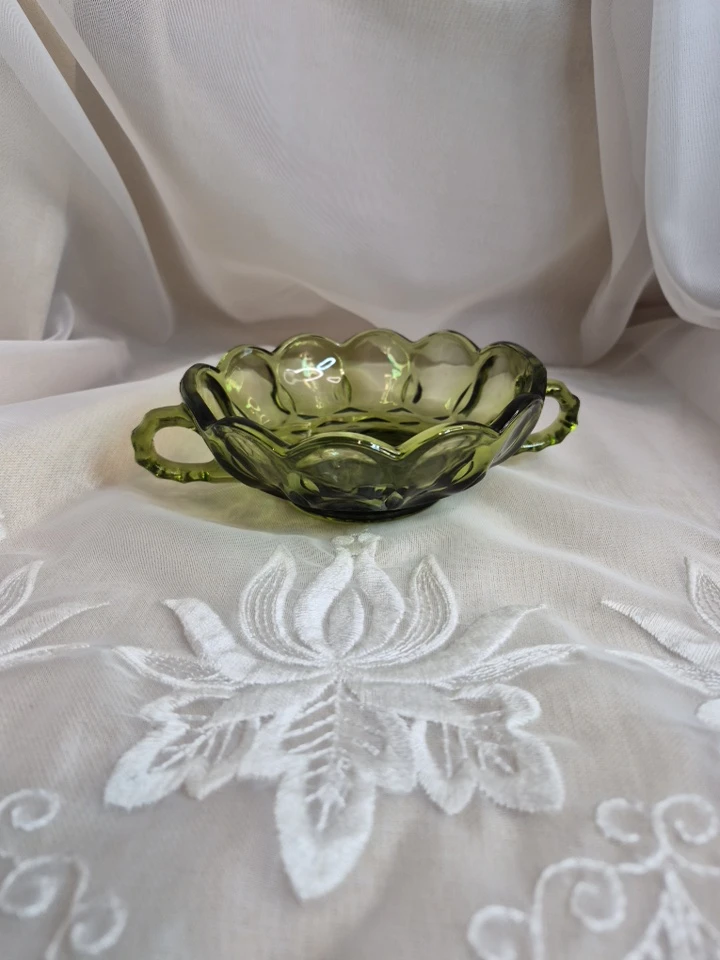 Anchor Hocking Avacado Green Double Handle Bowl Candy Dish etc.