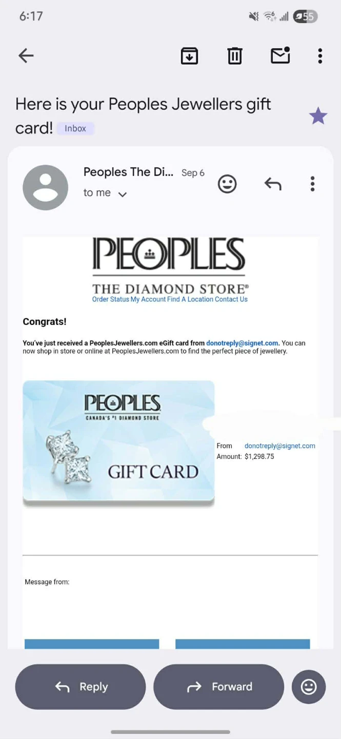 $1,298.70 Peoples Gift Card — open to offers. Pick up Today!