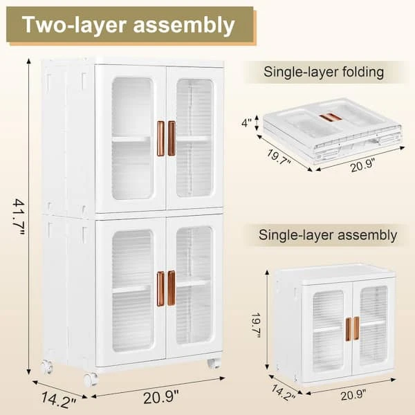 White Folding Cabinet with Wheels(2-Layer Stackable) - photo 3