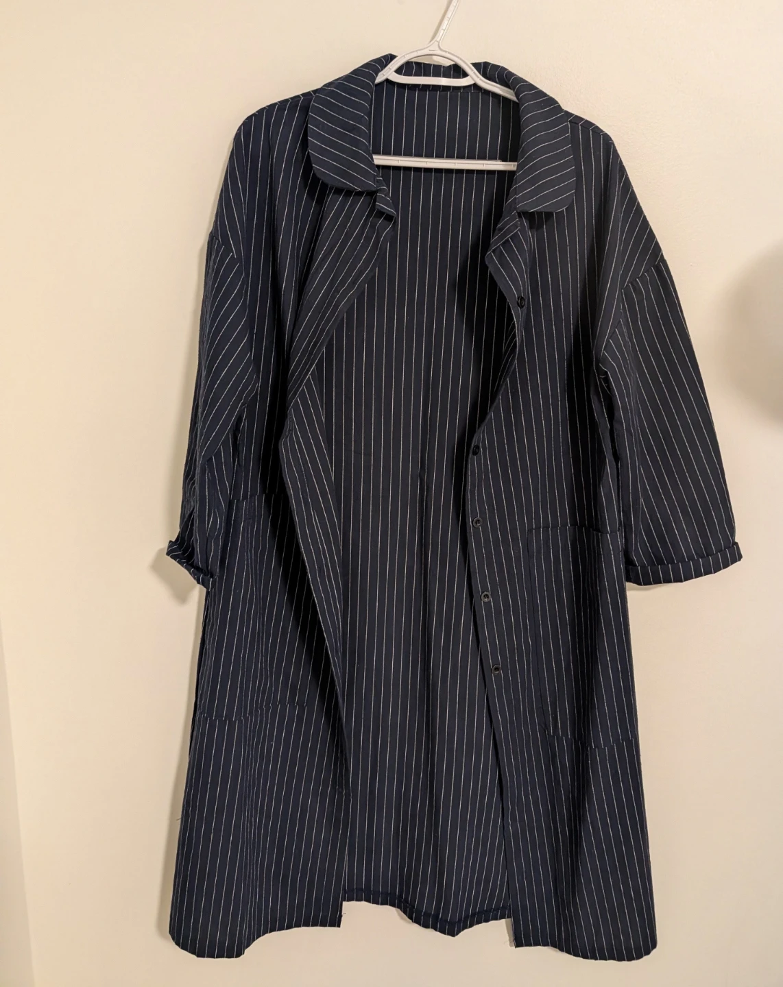 Navy Pinstripe Long Shirt Dress