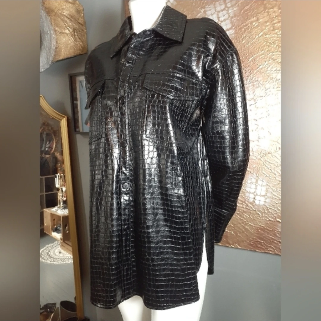 Zara Black Croc-Embossed Faux Leather Jacket 🏈 - photo 3