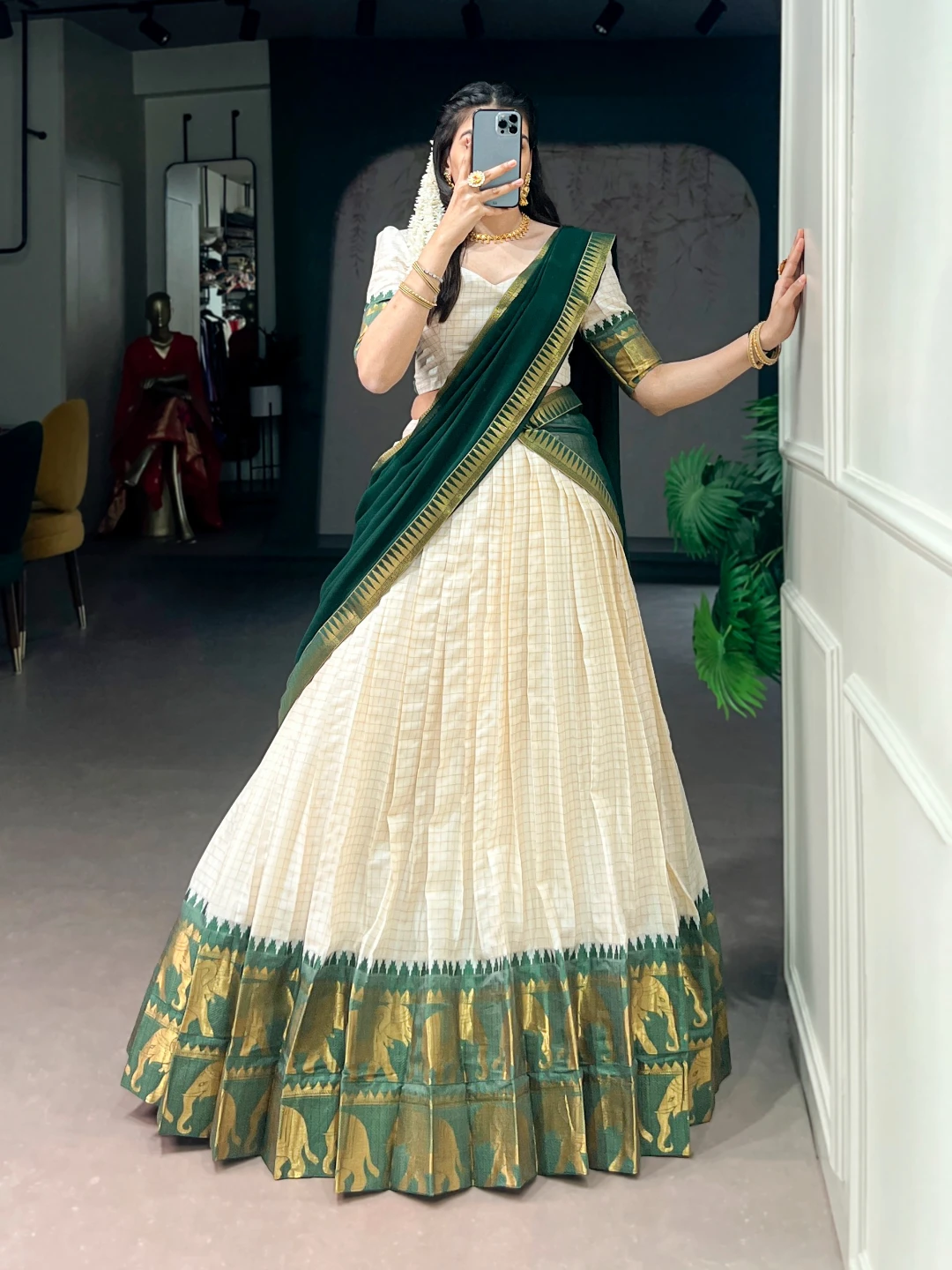 Traditional Cream and Green Lehenga Set